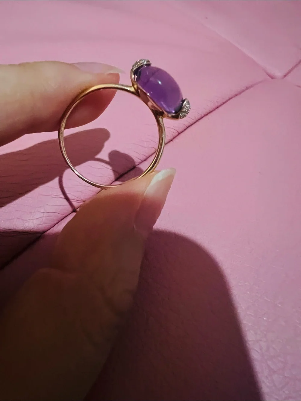 Vintage 14K Rose Gold Amethyst Cabochon Ring | Diamond Accents | Size 6.75